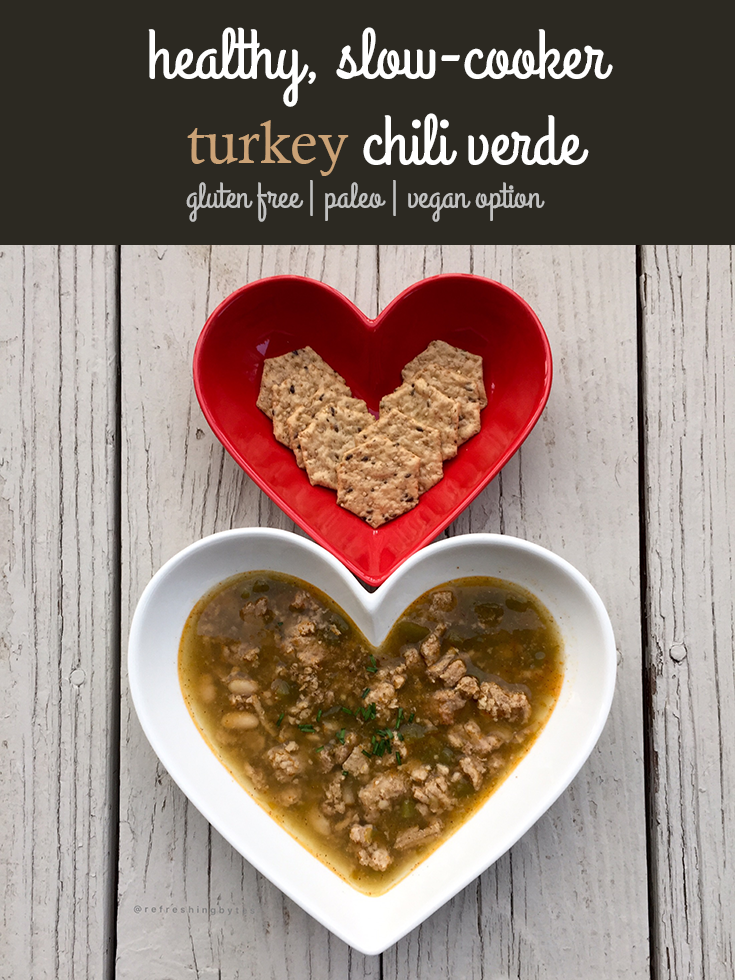 This slow cooker turkey green chili verde is savory and tasty, with a green sauce made from tomatillos. It is gluten free and can be modified to use any protein of choice or made vegan if preferred. #chili #paleo #soup