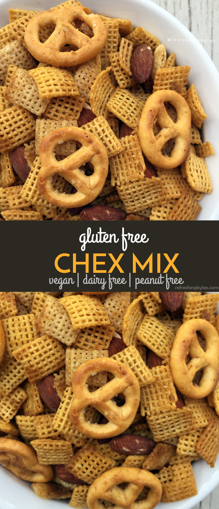 This gluten free, peanut free, and vegan Chex Mix is savory, salty, crunchy, and has a little kick to it! It's so good, no one can tell it's gluten free! This is the best and easiest vegan Chex Mix ever, so check it out now! #chexmix #glutenfree #vegan #dairyfree #peanutfree