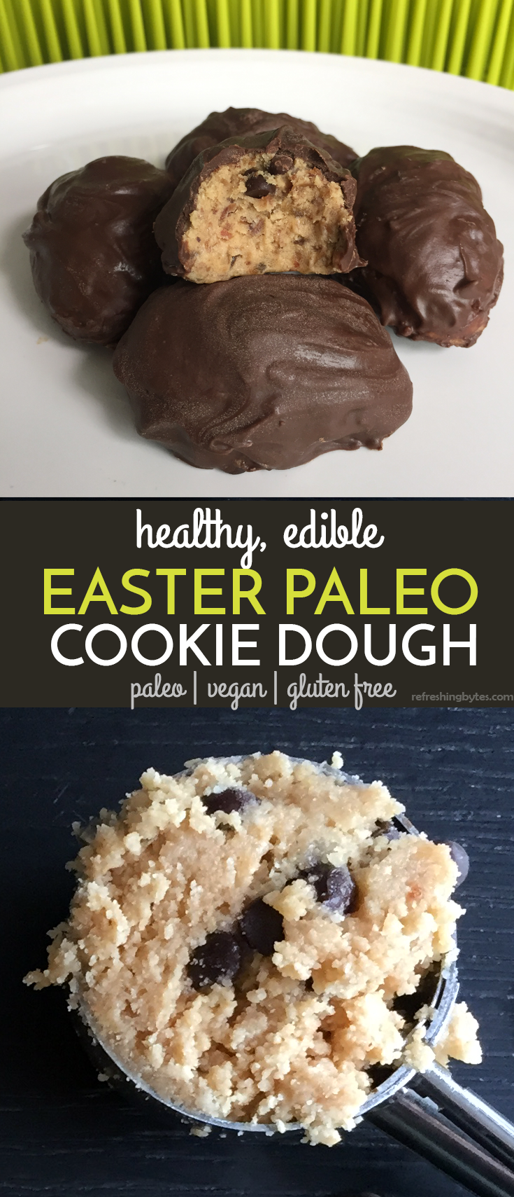 Looking for edible protein cookie dough? Try this five ingredient protein paleo cookie dough - 5 minutes to make, no bake, egg-free, and vegan protein balls with NO refined sugar! This creamy, smooth, and deliciously rich recipe is filled with protein and is paleo, low carb, vegan, paleo, gluten free, dairy free, and sugar free, and so festive for Easter! Check it out now! #glutenfree #vegan #healthy #lowcarb #cookiedough #paleo #easter #spring #easterrecipes