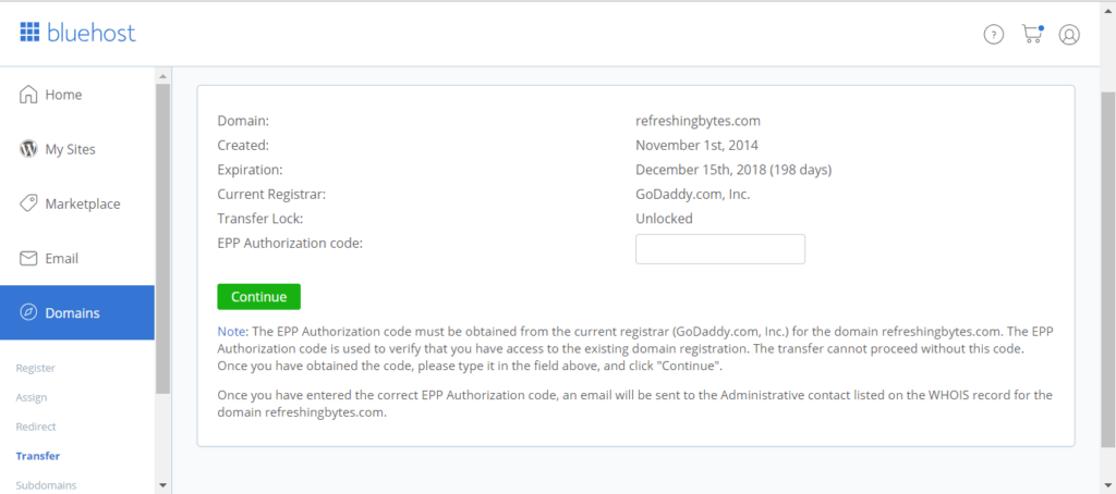 transfer domain from godaddy to bluehost