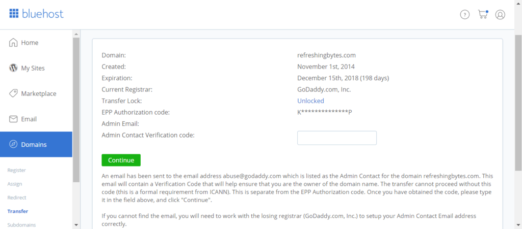 transfer domain from godaddy to bluehost