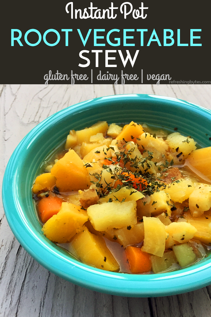 Vegan root vegetable stew - This hearty, comforting, and delicious vegan root vegetable stew is quick and easy, naturally gluten and dairy free, and packed with vitamins and minerals to keep you healthy and help you lose weight! #vegan #glutenfree #dairyfree #instantpot #stew #fallrecipes #fall