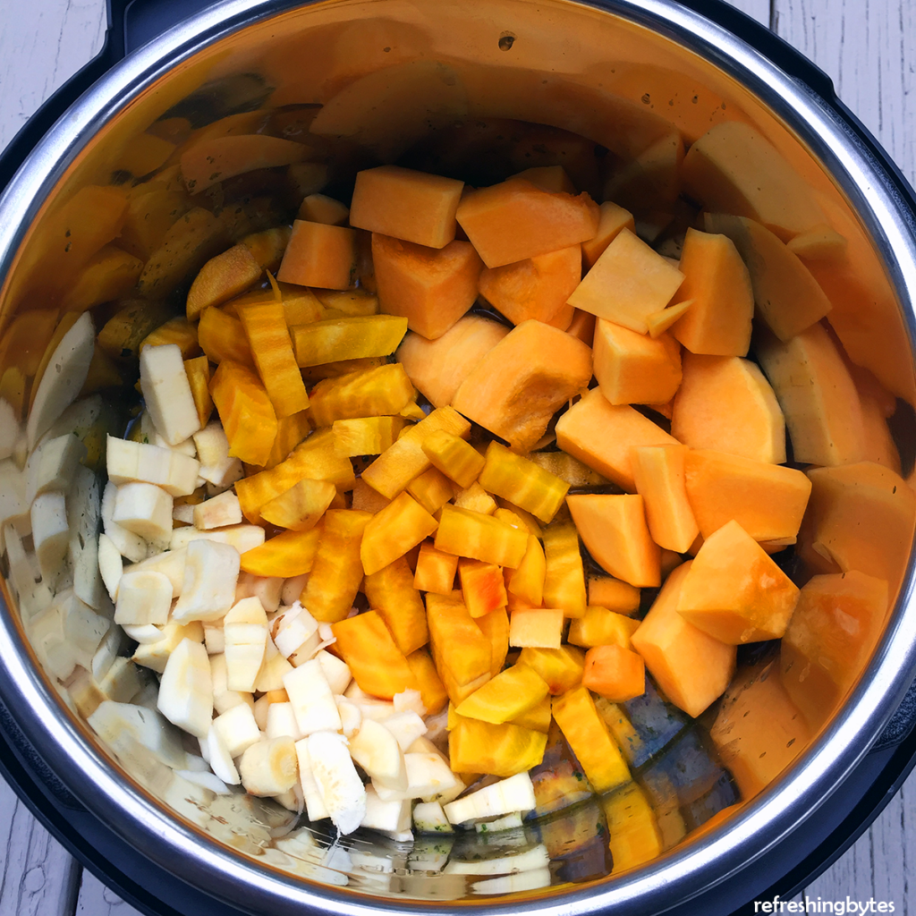 Vegan root vegetable stew - This hearty, comforting, and delicious vegan root vegetable stew is quick and easy, naturally gluten and dairy free, and packed with vitamins and minerals to keep you healthy and help you lose weight! #vegan #glutenfree #dairyfree #instantpot #stew #fallrecipes #fall