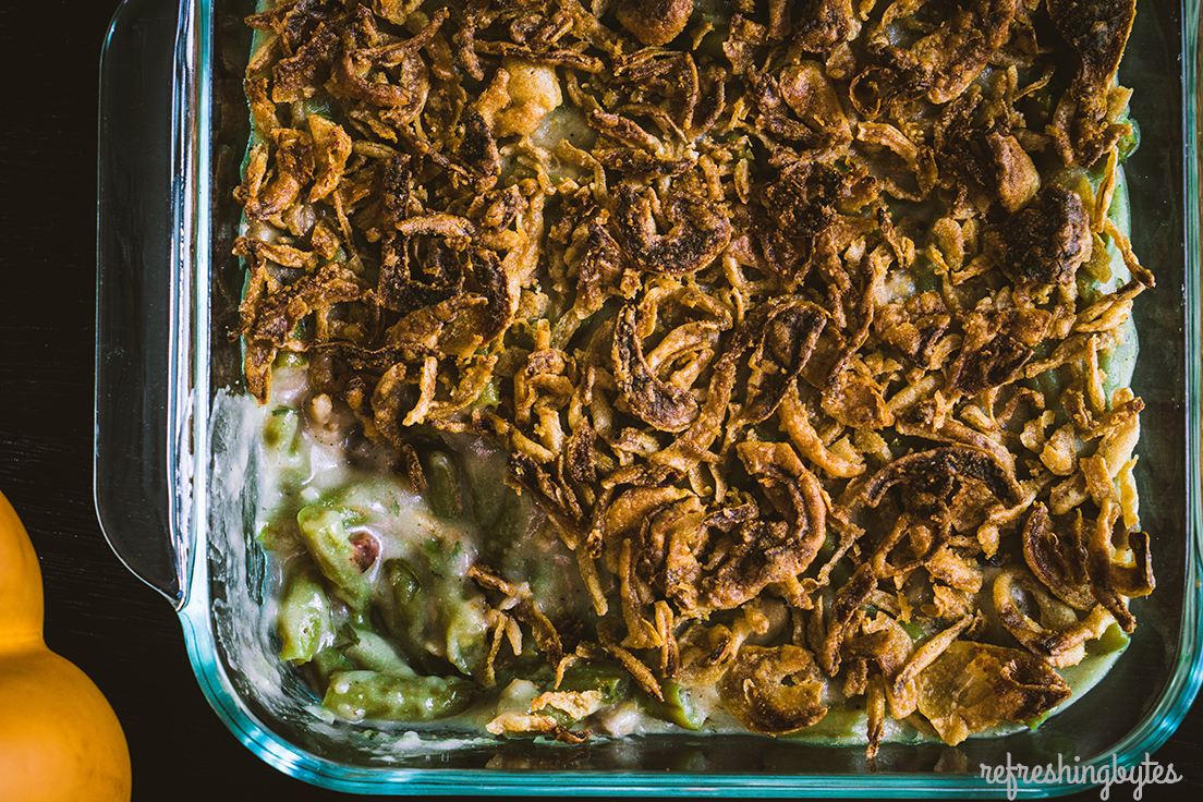 Put the can down. This super simple dairy free green bean casserole recipe is onion-y, savory, and hearty (and gluten free)! You just THOUGHT you liked green bean casserole before. Or if you didn't, you might like this REAL version. You won't find any processed ingredients or MSG here. #dairyfree #glutenfree #greenbeancasserole #vegan