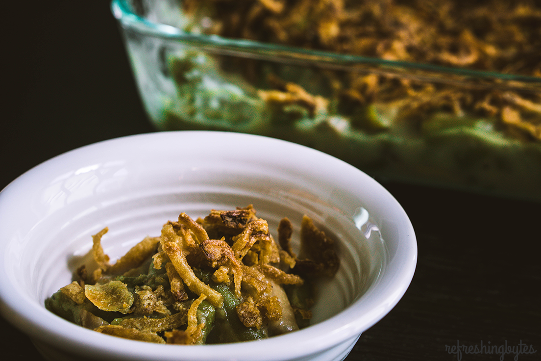 Put the can down. This super simple dairy free green bean casserole recipe is onion-y, savory, and hearty (and gluten free)! You just THOUGHT you liked green bean casserole before. Or if you didn't, you might like this REAL version. You won't find any processed ingredients or MSG here. #dairyfree #glutenfree #greenbeancasserole #vegan